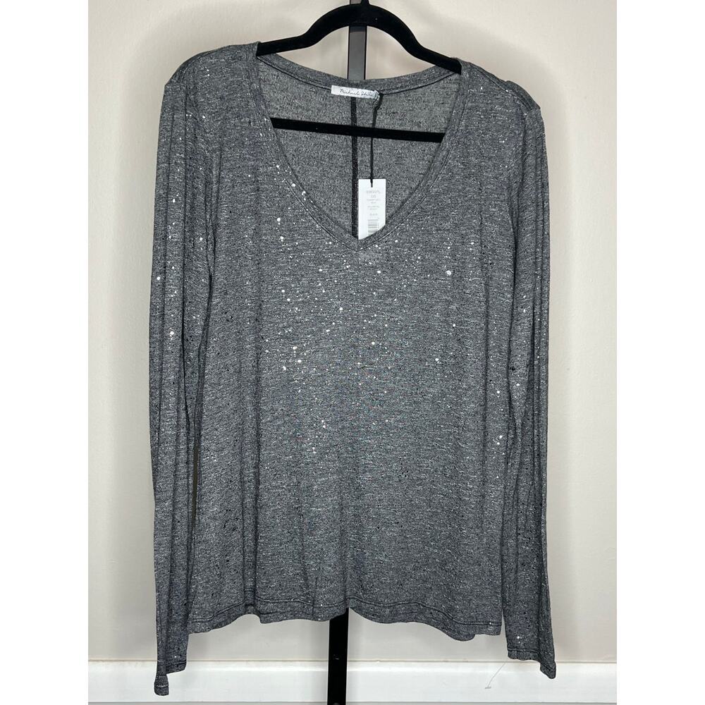 Michael Stars Splatter Foil V Neck Long Sleeve Tee Black OS NWT